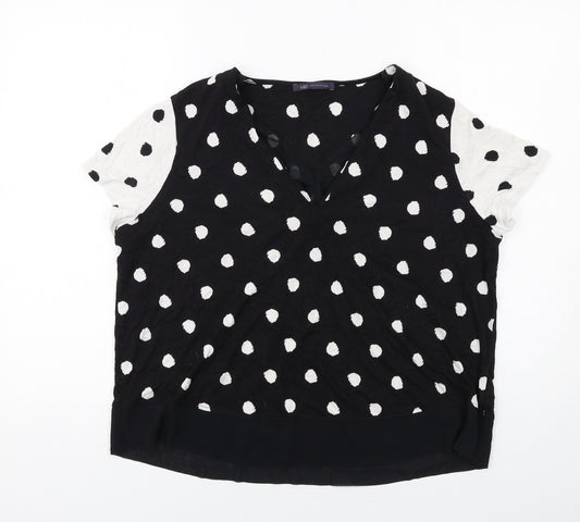 Marks and Spencer Womens Black Geometric Viscose Basic T-Shirt Size 16 V-Neck - Spotted
