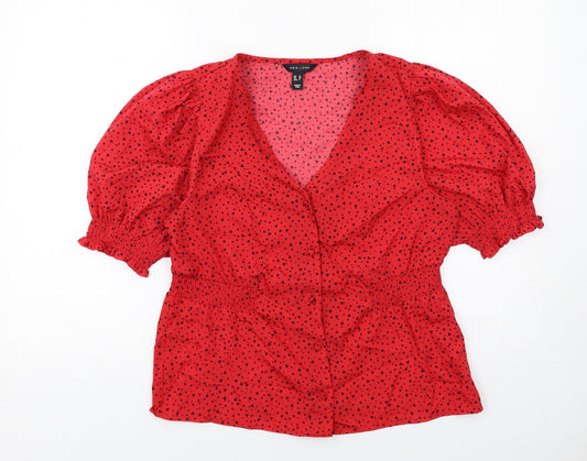 New Look Womens Red Geometric Polyester Basic Button-Up Size 12 V-Neck - Heart Pattern