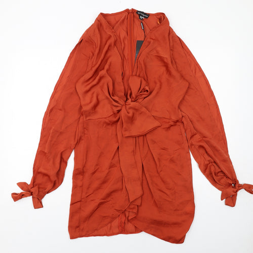 PRETTYLITTLETHING Womens Orange Polyester Mini Size 14 V-Neck Zip