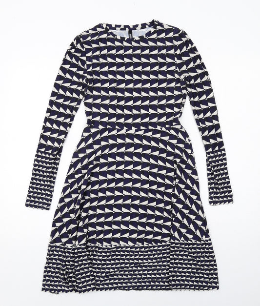 Karen Millen Womens Blue Geometric Viscose A-Line Size 6 Round Neck Pullover