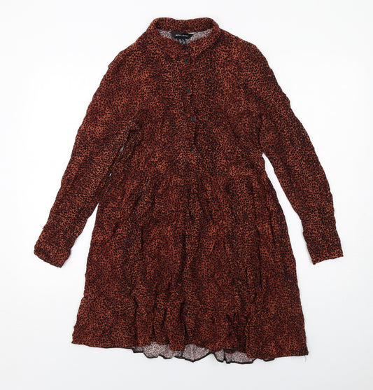 New Look Womens Brown Animal Print Viscose Shirt Dress Size 10 Collared Button - Cheetah Pattern