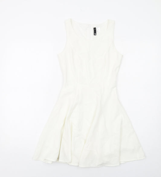 H&M Womens White Polyester Skater Dress Size 6 Round Neck Zip