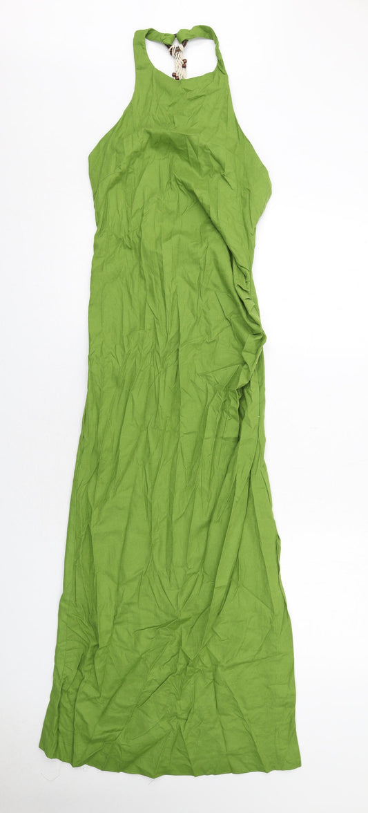Zara Womens Green Linen A-Line Size M Halter Zip - Open Back