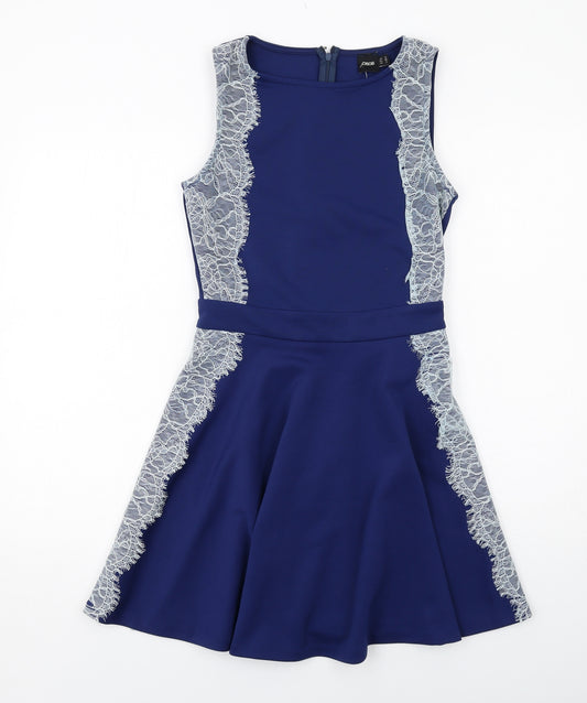 ASOS Womens Blue Polyester Skater Dress Size 12 Round Neck Zip - Lace Details