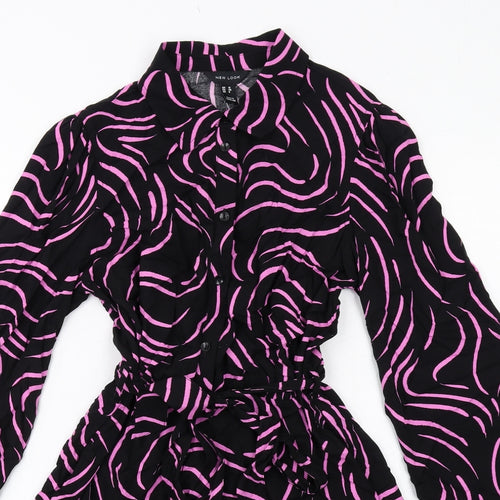 New Look Womens Black Geometric Viscose Shirt Dress Size 12 Collared Button