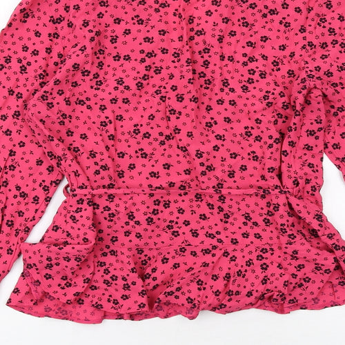 New Look Womens Pink Floral Viscose Wrap Blouse Size 12 V-Neck
