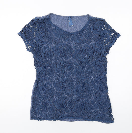 NEXT Womens Blue Polyester Basic T-Shirt Size 16 Boat Neck - Crocheted Lace Overlay