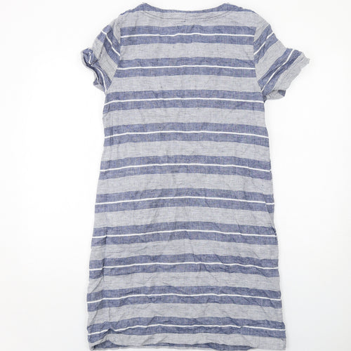 White Stuff Womens Blue Striped Linen T-Shirt Dress Size 12 V-Neck Pullover