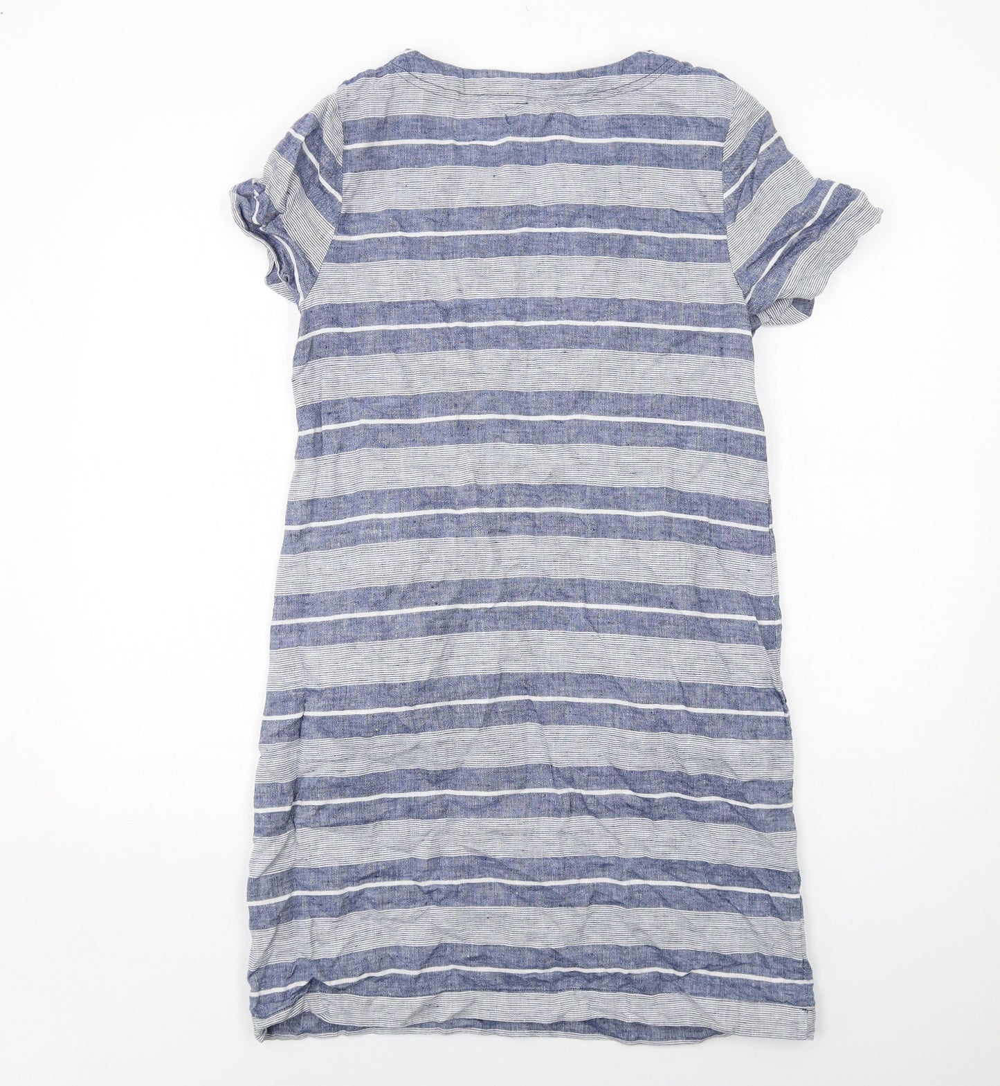 White Stuff Womens Blue Striped Linen T-Shirt Dress Size 12 V-Neck Pullover