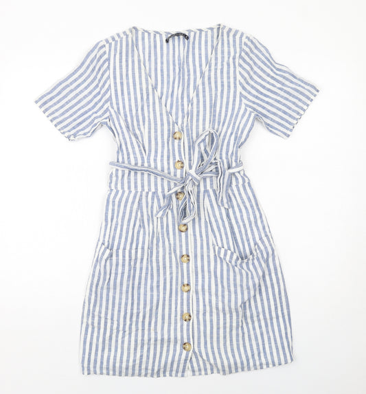 Abercrombie & Fitch Womens Blue Striped Cotton A-Line Size S V-Neck Button