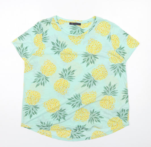 Marks and Spencer Womens Green Geometric Polyester Basic T-Shirt Size 16 Round Neck - Pineapple Print