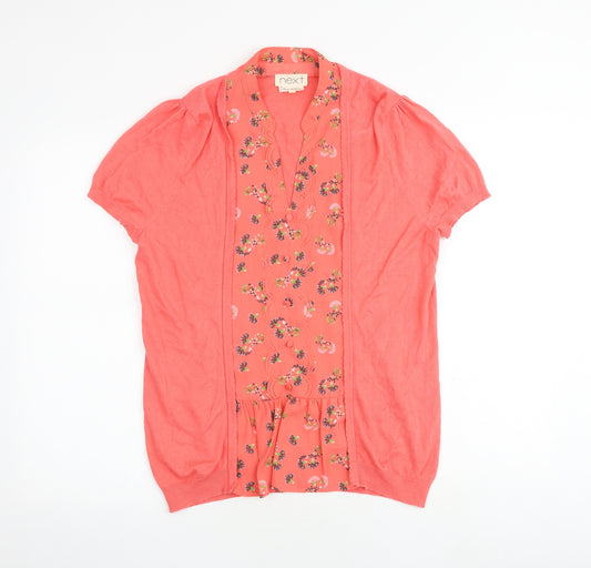 NEXT Womens Pink Floral Cotton Basic Blouse Size 16 V-Neck - Mock Cardigan Top