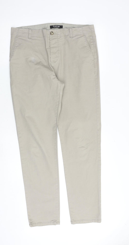 Firetrap Mens Beige Cotton Chino Trousers Size 36 in L32 in Regular Zip