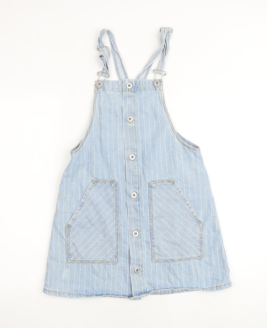 Zara Girls Blue Striped 100% Cotton Pinafore/Dungaree Dress Size 13-14 Years Square Neck Buckle