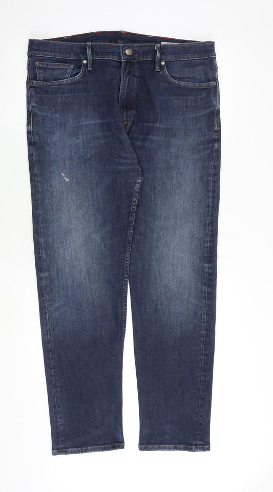 Marks and Spencer Mens Blue Cotton Straight Jeans Size 36 in L32 in Regular Zip