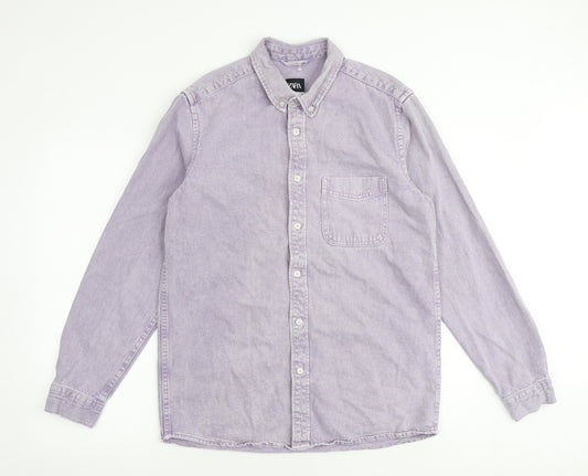 Zara Mens Purple Cotton Button-Up Size S Collared Button