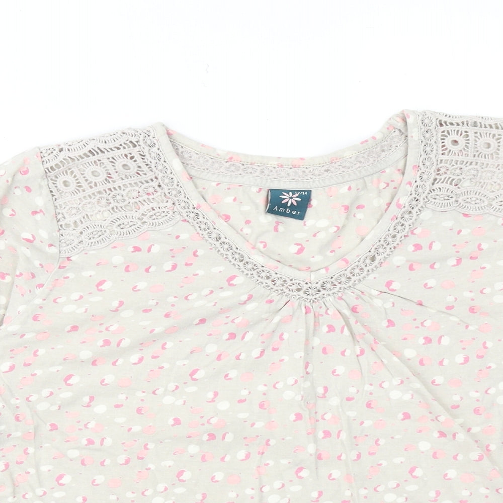 Amber Womens Multicoloured Geometric Cotton Basic T-Shirt Size 12 V-Neck - Crochet Detail