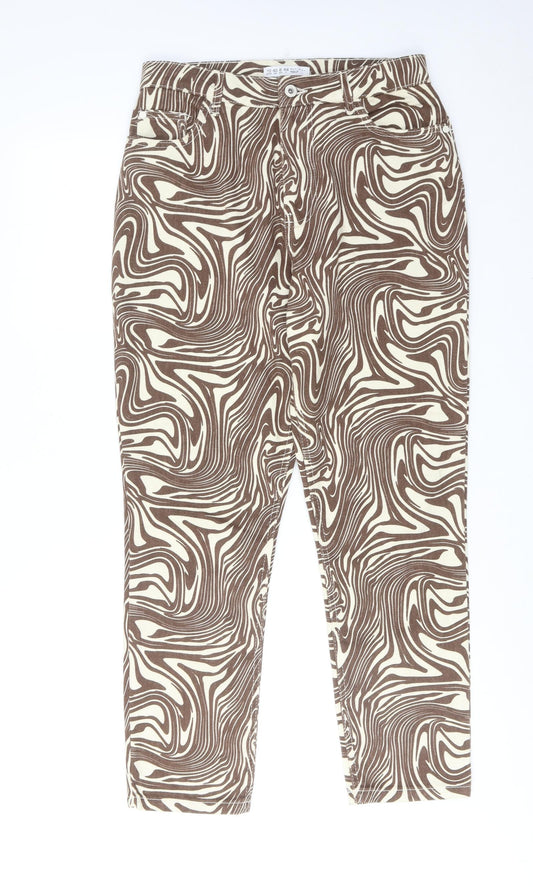 Denim & Co. Womens Brown Geometric Cotton Straight Jeans Size 12 Regular Zip