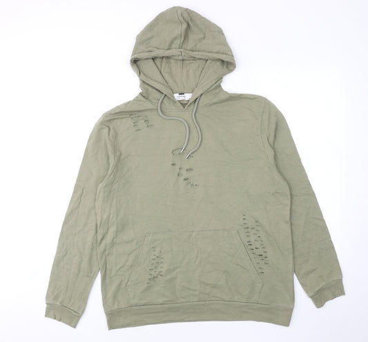 Topman Mens Green Cotton Pullover Hoodie Size M - Distressed look