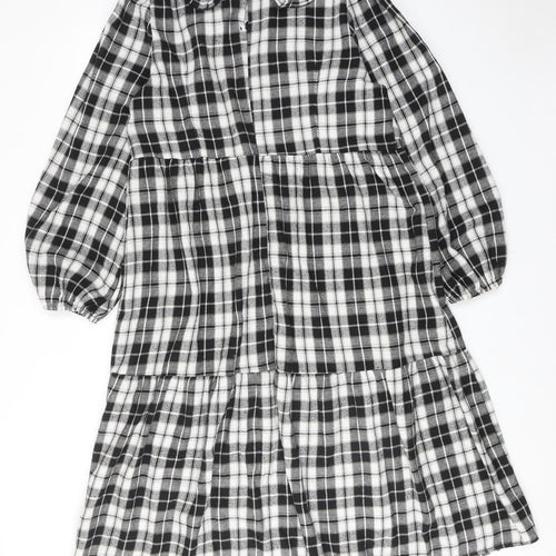 Blue Vanilla Womens Black Plaid Polyester A-Line Size 14 Collared Button