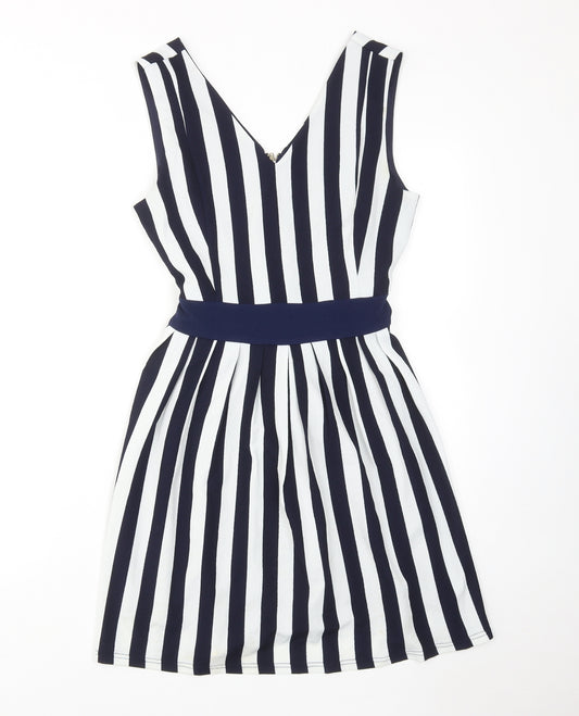 Mela London Womens Blue Striped Polyester A-Line Size 10 V-Neck Zip