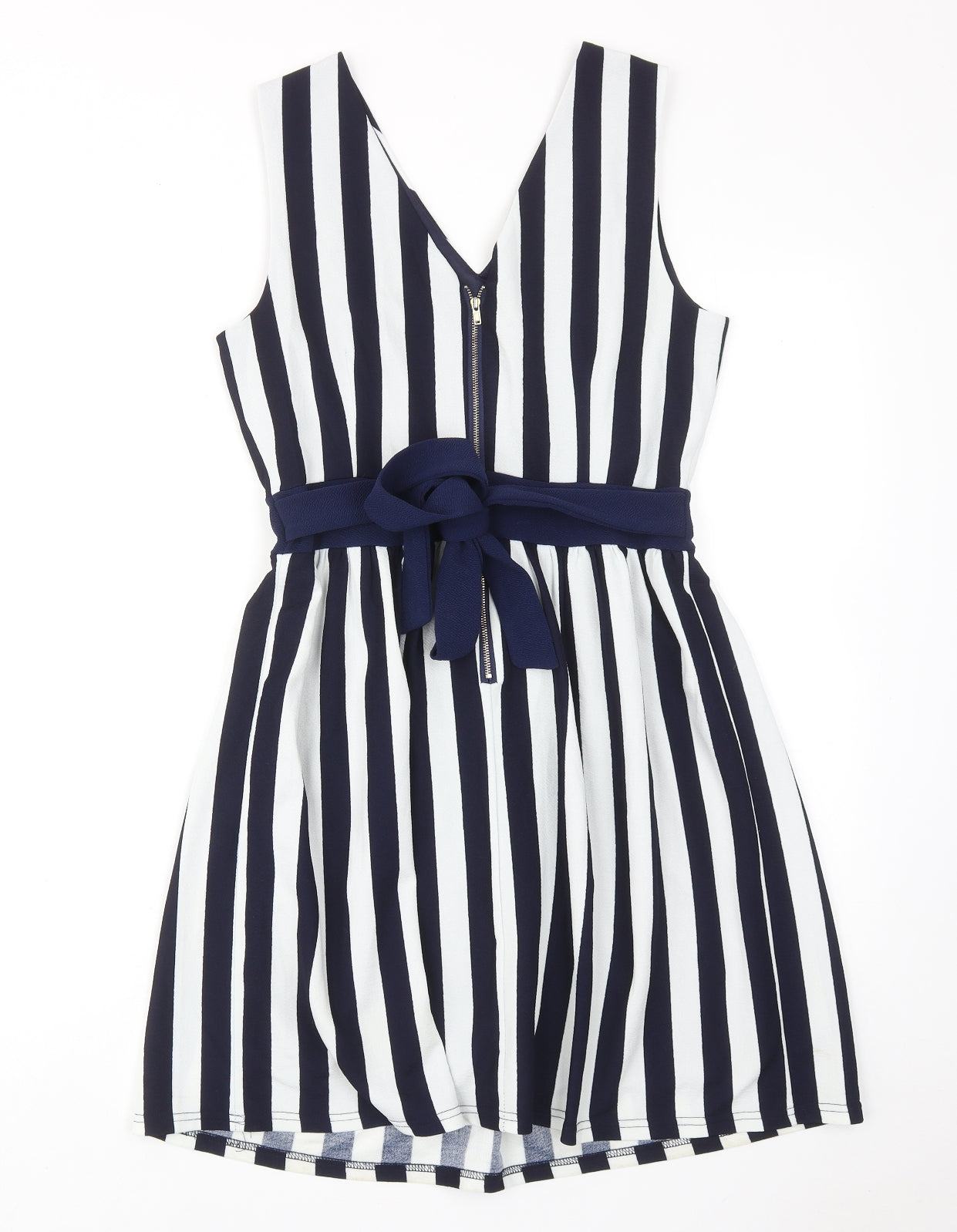 Mela London Womens Blue Striped Polyester A-Line Size 10 V-Neck Zip