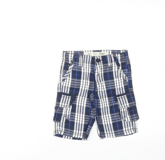 Denim & Co. Boys Blue Plaid Cotton Cargo Shorts Size 3-4 Years Regular Zip