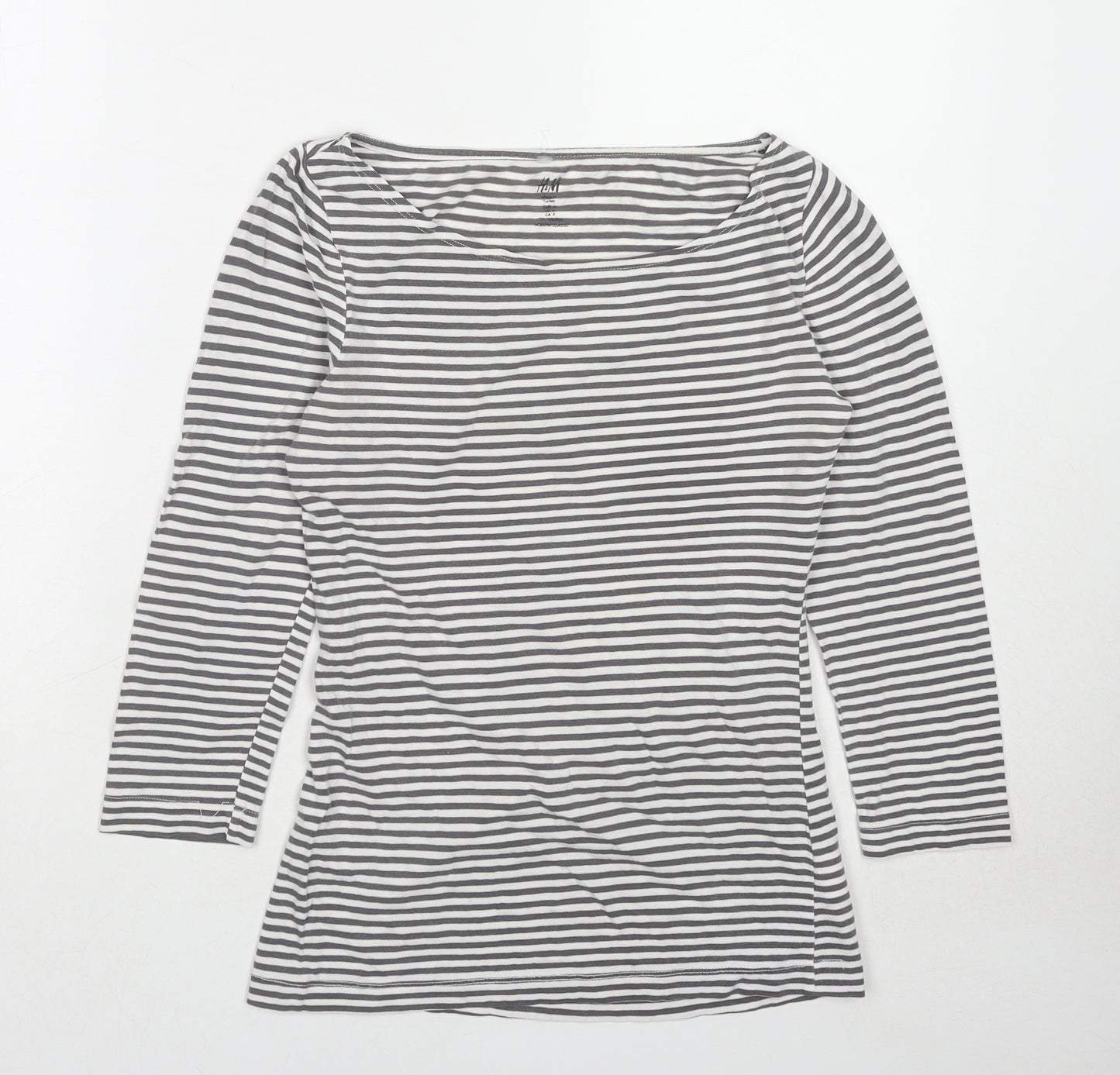 H&M Womens Grey Striped Cotton Basic T-Shirt Size S Boat Neck