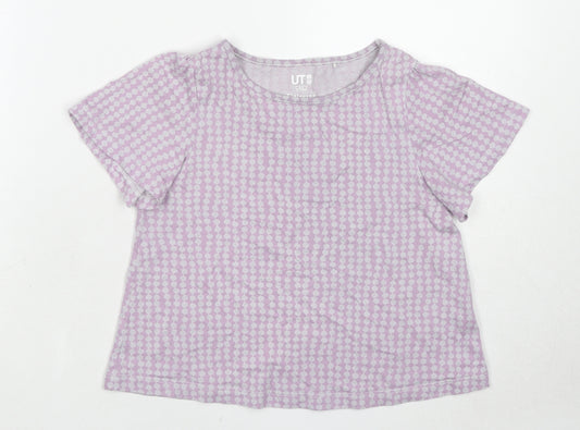 Uniqlo Girls Pink Geometric Cotton Basic T-Shirt Size 3-4 Years Boat Neck Pullover