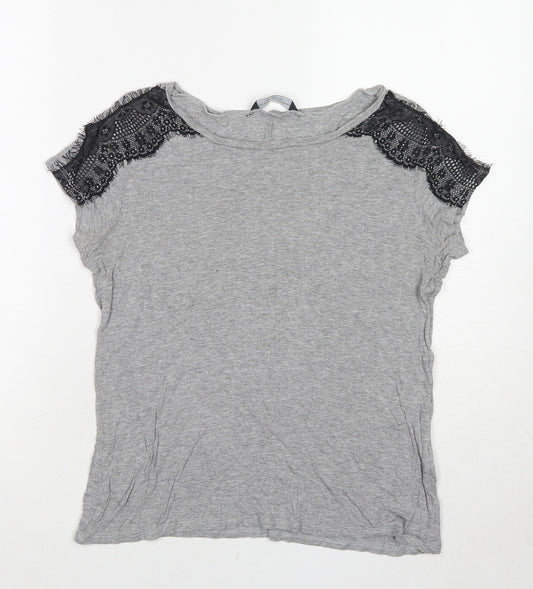 Dorothy Perkins Womens Grey Viscose Basic T-Shirt Size 12 Boat Neck - Lace Detail