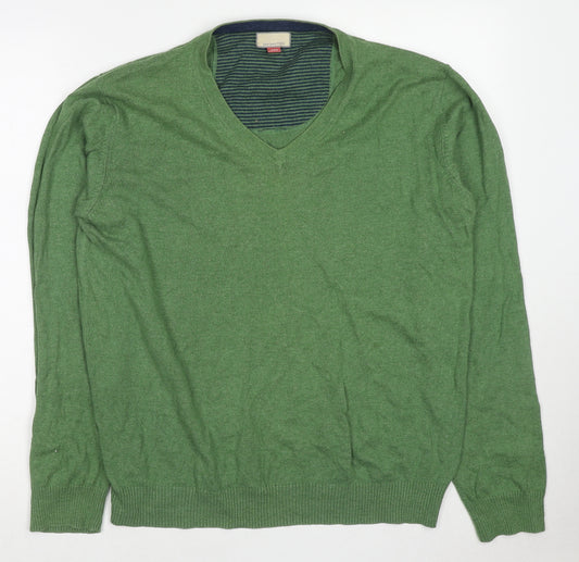 John Lewis Mens Green V-Neck Cotton Pullover Jumper Size L Long Sleeve