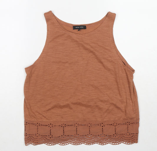 New Look Womens Brown Cotton Basic Tank Size 10 Round Neck - Broderie Anglaise