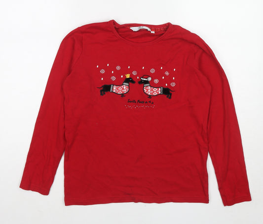 EWM Womens Red Cotton Basic T-Shirt Size 10 Round Neck - Size 10-12, Christmas Sausage Dogs