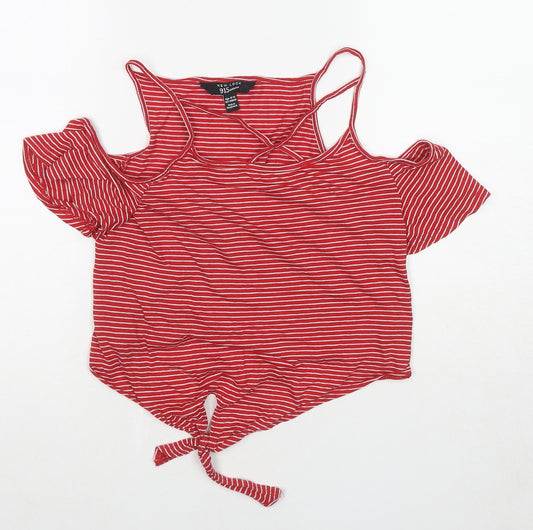New Look Girls Red Striped Cotton Basic T-Shirt Size 13-14 Years Round Neck Pullover - Cold Shoulder Knot Front