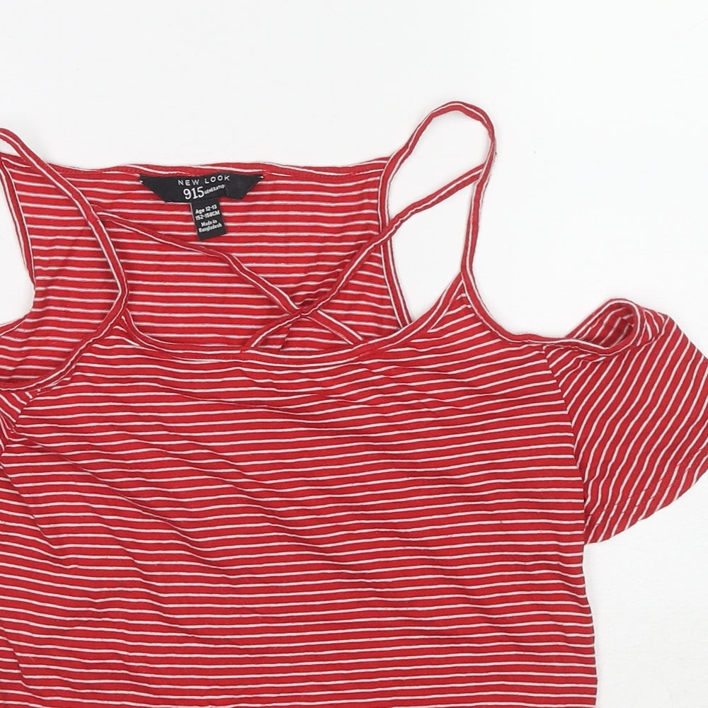 New Look Girls Red Striped Cotton Basic T-Shirt Size 13-14 Years Round Neck Pullover - Cold Shoulder Knot Front