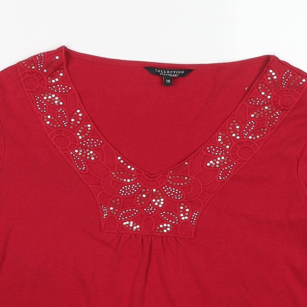 Debenhams Womens Red Cotton Basic Blouse Size 18 V-Neck