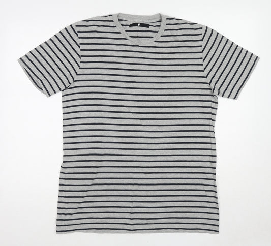 Very Mens Grey Striped Cotton T-Shirt Size M Round Neck