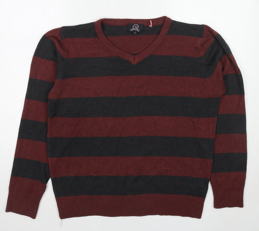 Hutson Harbour Womens Red V-Neck Striped Acrylic Pullover Jumper Size L
