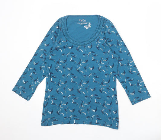 M&Co Womens Blue Geometric 100% Cotton Basic T-Shirt Size 14 Scoop Neck - Bird Pattern