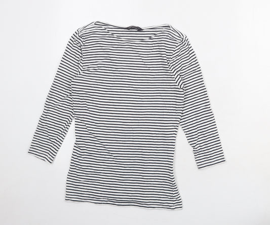 Marks and Spencer Womens White Striped Cotton Basic T-Shirt Size 8 Boat Neck