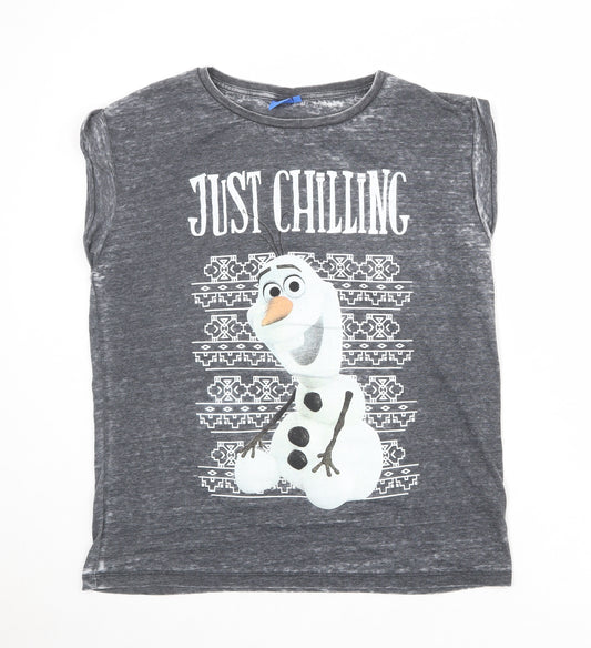 Disney Womens Grey Polyester Basic T-Shirt Size 14 Boat Neck - Just Chilling Olaf Snowman
