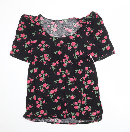 Dorothy Perkins Womens Black Floral 100% Cotton Basic T-Shirt Size 16 Boat Neck