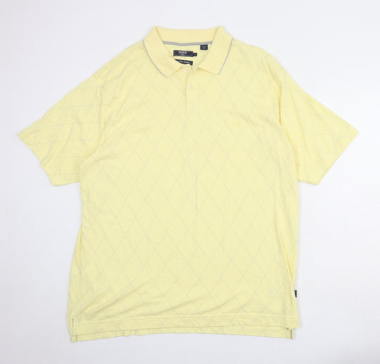 Maine New England Mens Yellow Argyle/Diamond 100% Cotton Polo Size L Collared Button