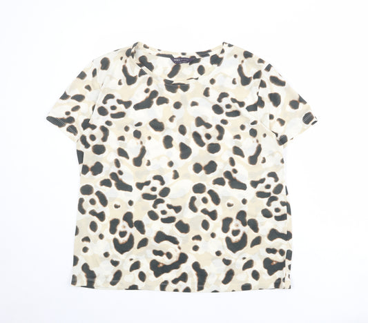 Marks and Spencer Womens Beige Animal Print Polyester Basic T-Shirt Size 14 Crew Neck