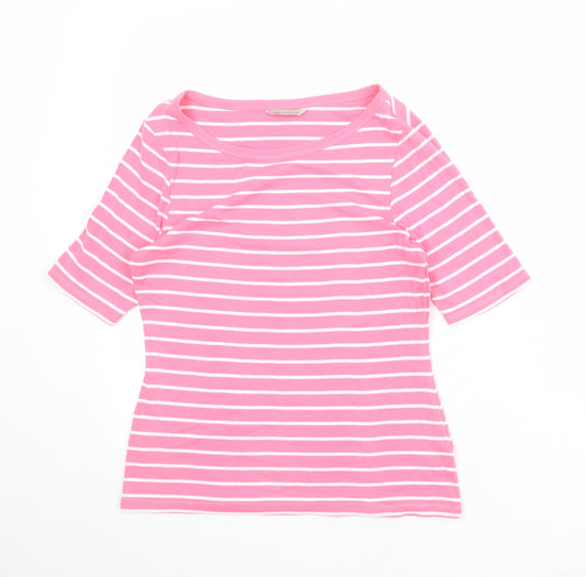 Marks and Spencer Womens Pink Striped 100% Cotton Basic T-Shirt Size 14 Boat Neck