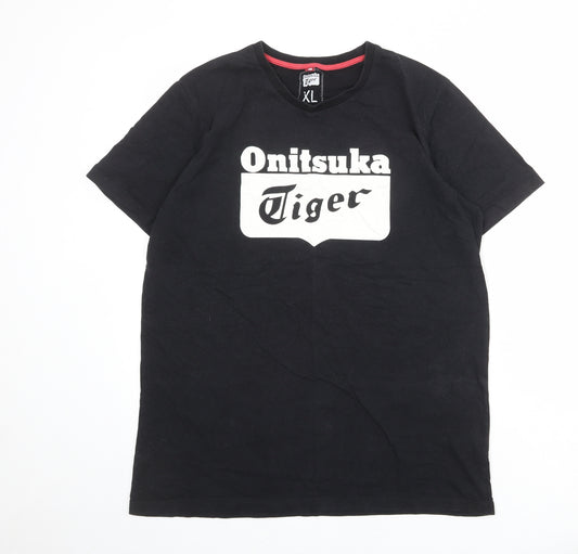 Onitsuka Tiger Mens Black Cotton T-Shirt Size XL Round Neck
