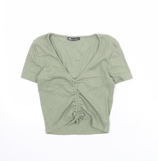 Zara Womens Green Cotton Cropped T-Shirt Size M V-Neck - Ruched Detail