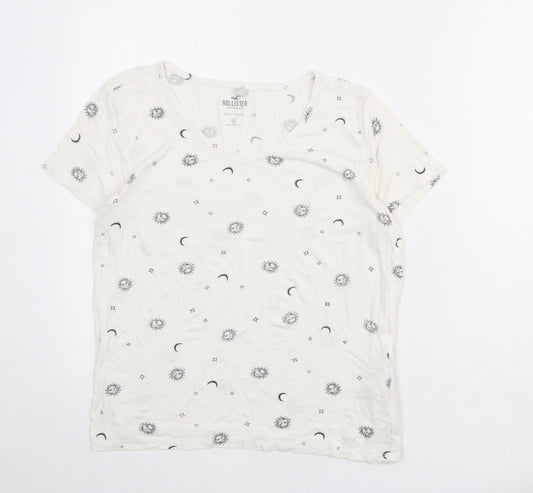 Hollister Womens White Geometric Viscose Basic T-Shirt Size XS Round Neck - Sun and Moon