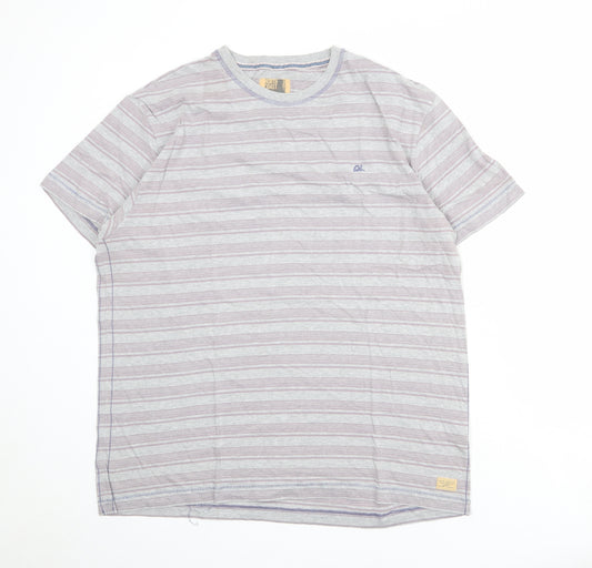 North Coast Mens Grey Striped Cotton T-Shirt Size L Round Neck