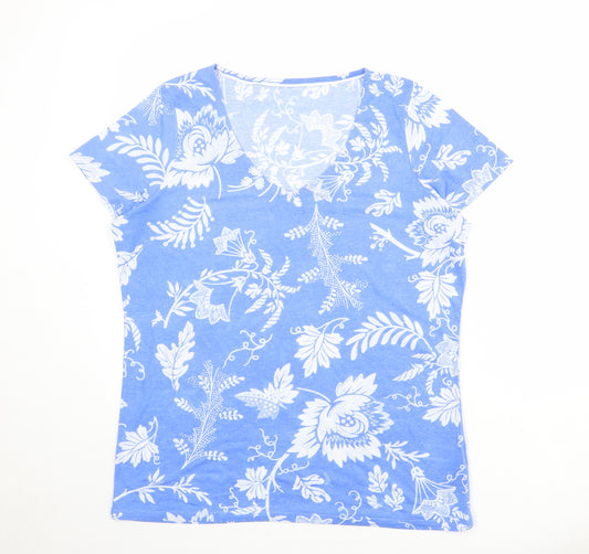 Marks and Spencer Womens Blue Floral Polyester Basic T-Shirt Size 16 V-Neck